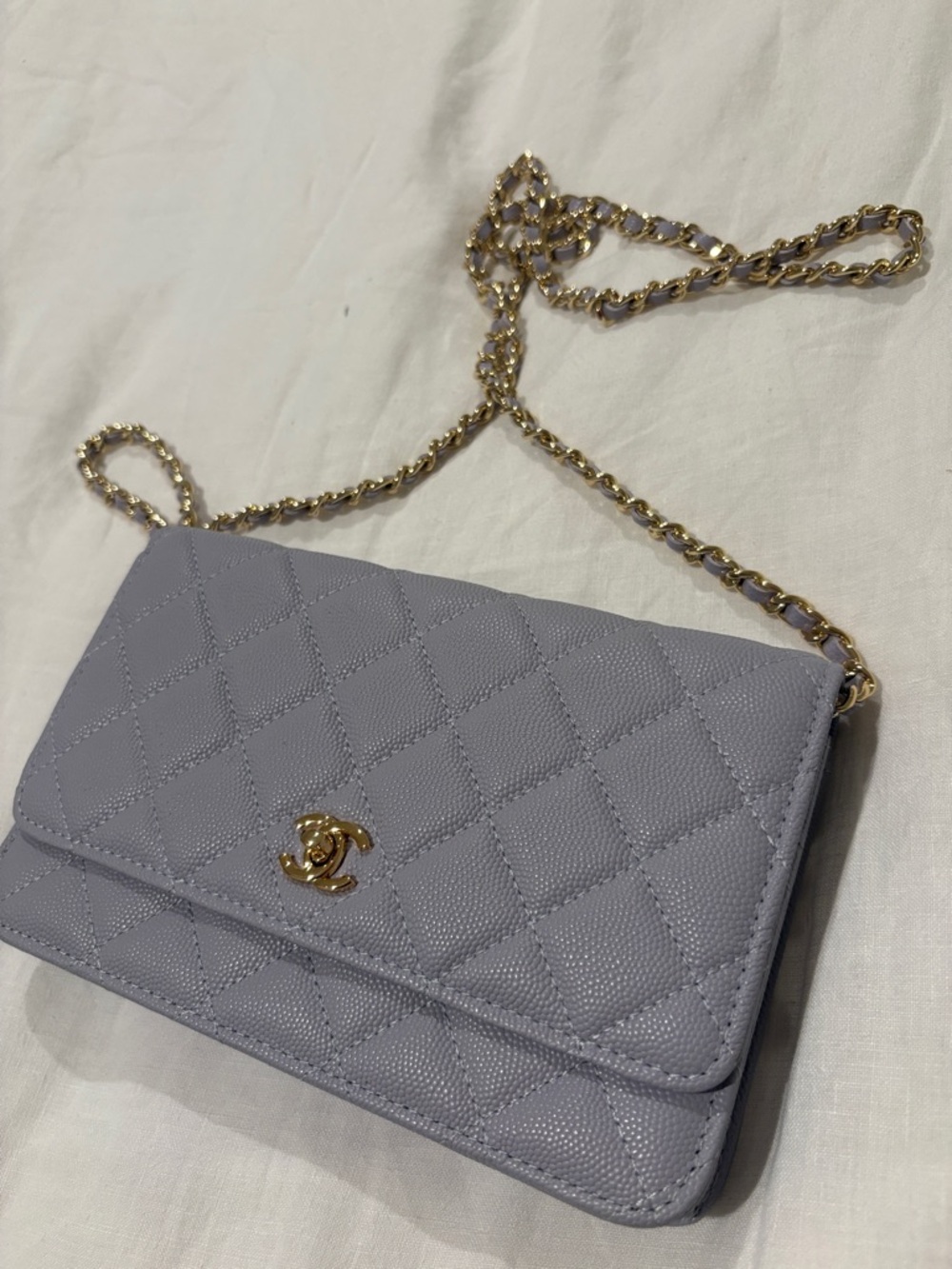 CHANEL Light Lavender Quilted Crossbody with Gold Chain
